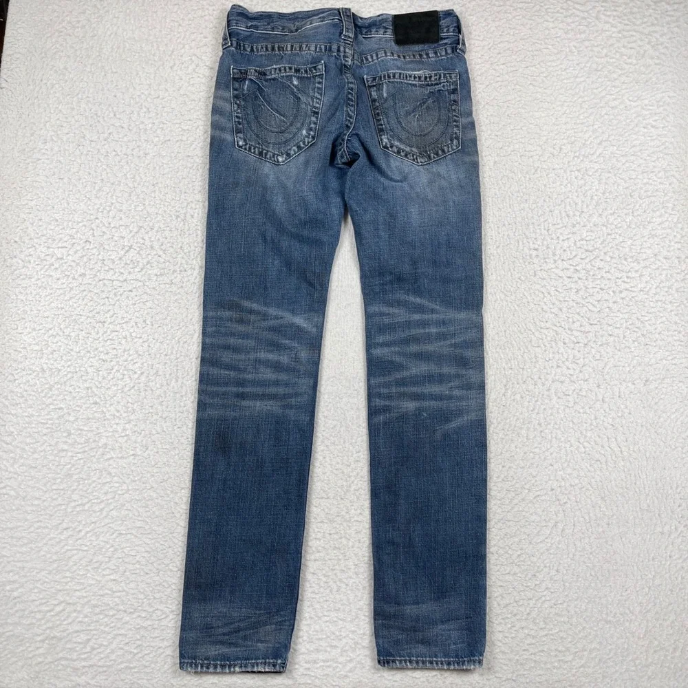 True Religion Rocco Jeans Mens 29 Blue Distressed Relaxed Skinny Side Zip Moto